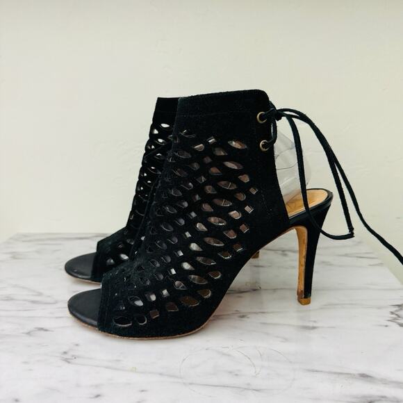 Joie Black Suede Mesh Lace Back Open Toe Heels Black Women’s Size 8 - Picture 1 of 10